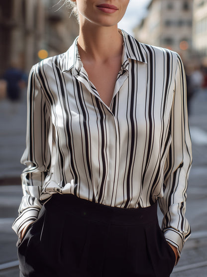 Vertical Stripe Relaxed Button-Up Blouse