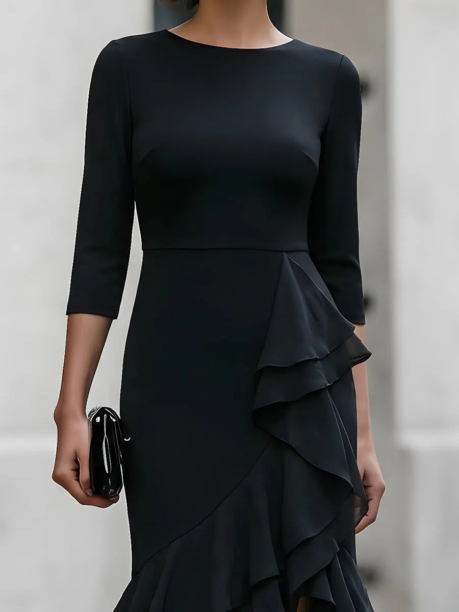 Three-Quarter Sleeve Asymmetric Ruffle Maxi Dress