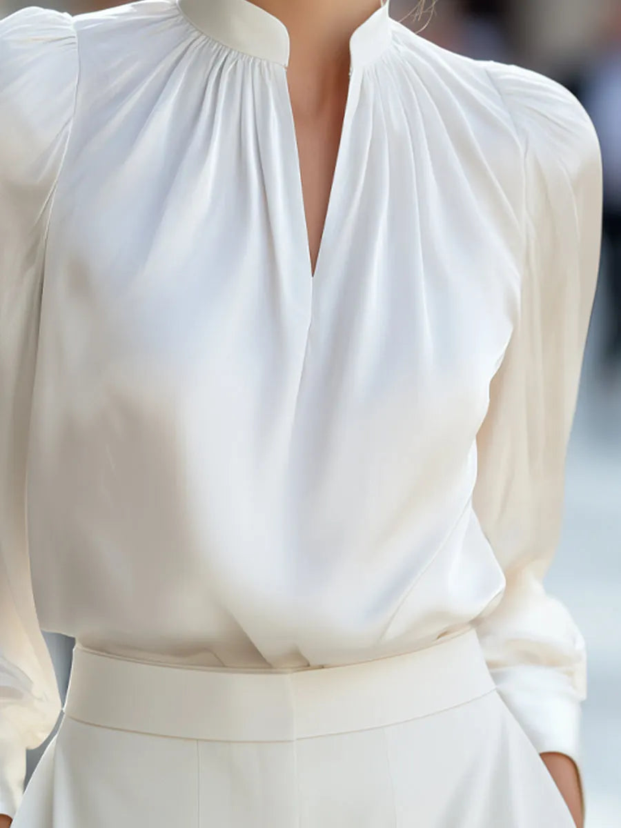 Mock Neck Ruched Satin Long Sleeve Blouse