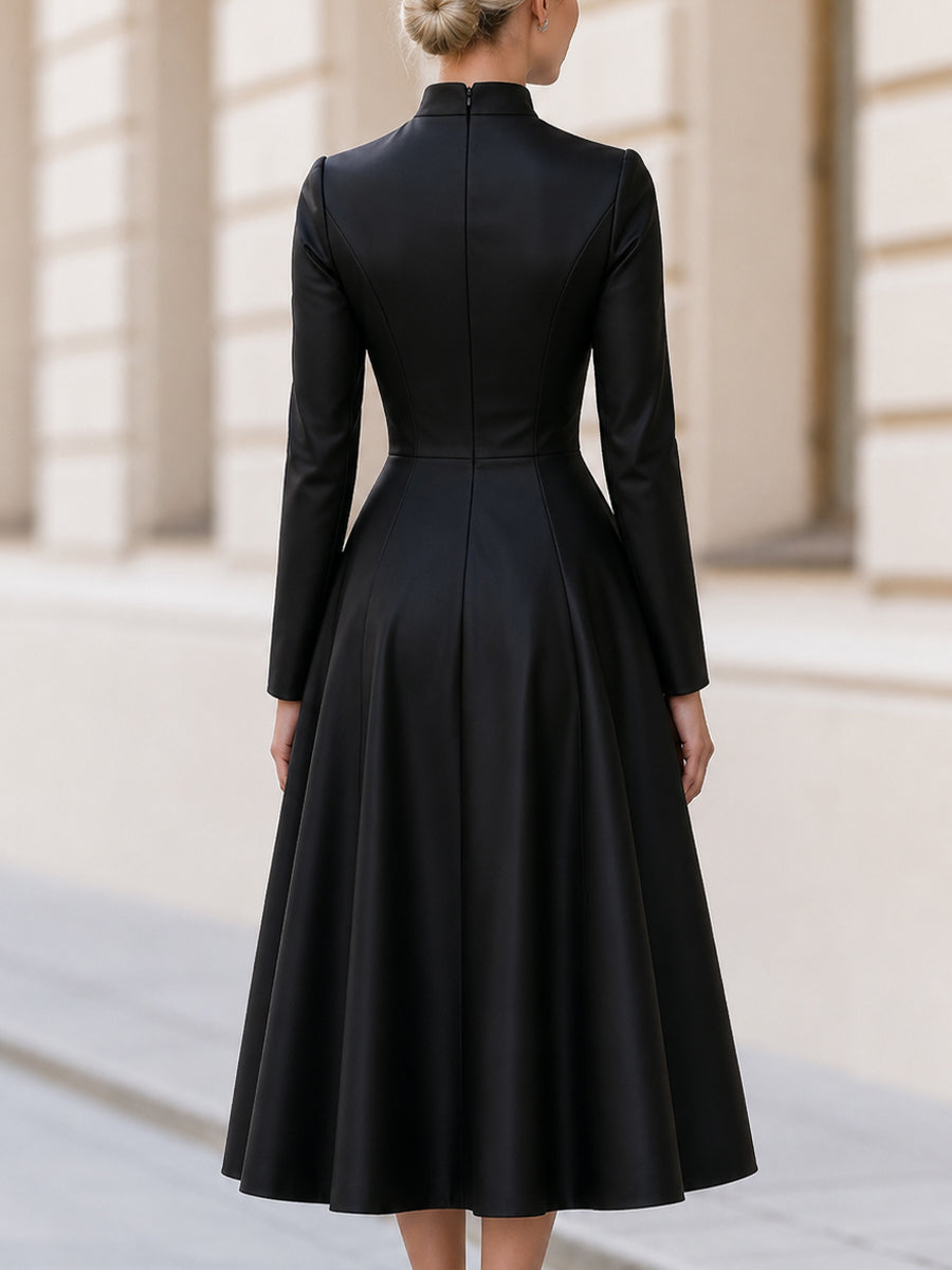 Stand‐Collared Button‐Front Fit‐and‐Flare Midi Dress