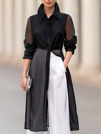 Elegant Sheer Organza Long Shirt-Style Jacket & White Wide-Leg Trousers Two-Piece Set