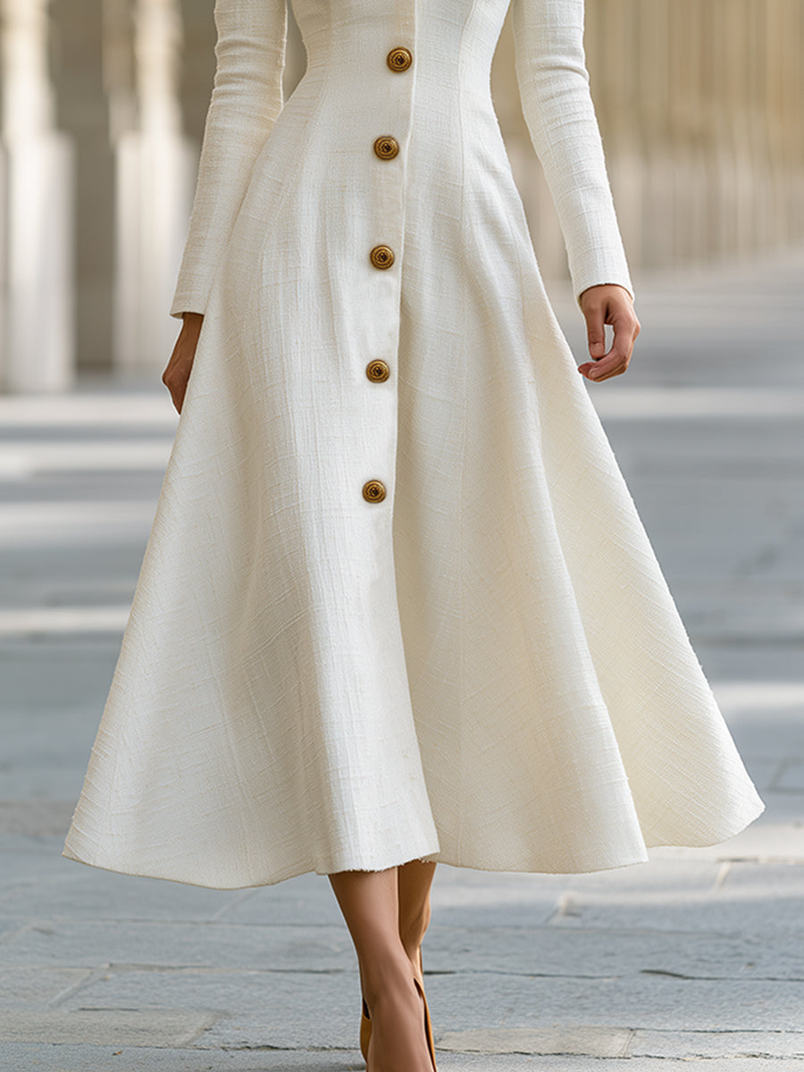 Tweed Textured Button-Up A-line Midi Dress