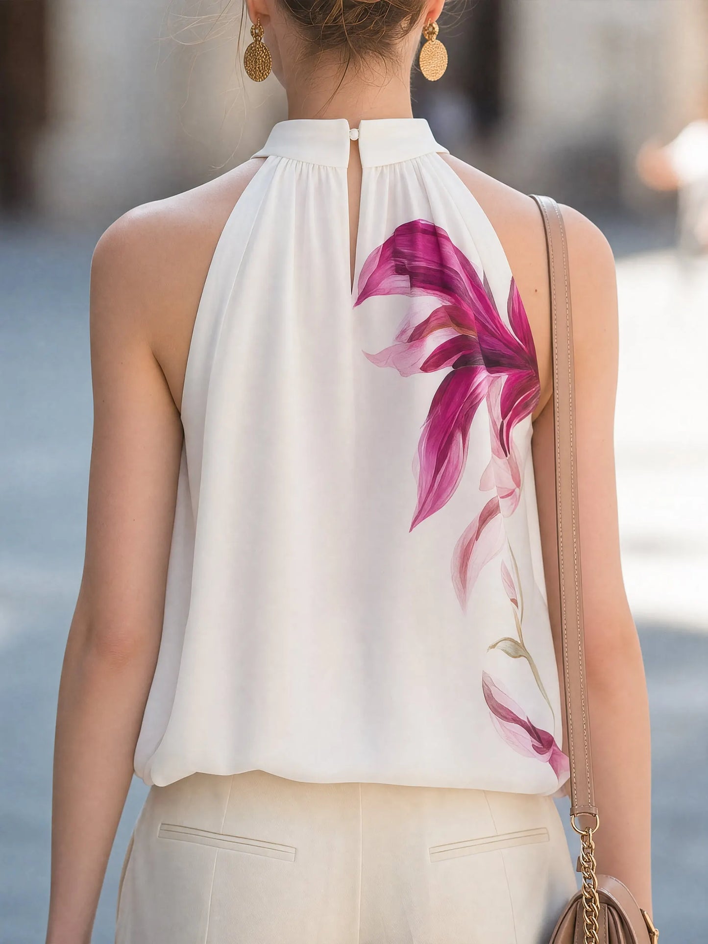 Floral Print High-Neck Halter Sleeveless Top