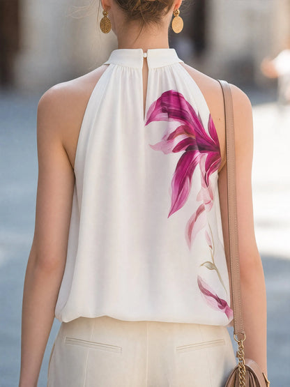 Floral Print High-Neck Halter Sleeveless Top