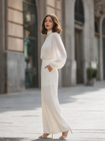 Elegant High Neck Lantern Sleeve Blouse & Wide Leg Trousers Set