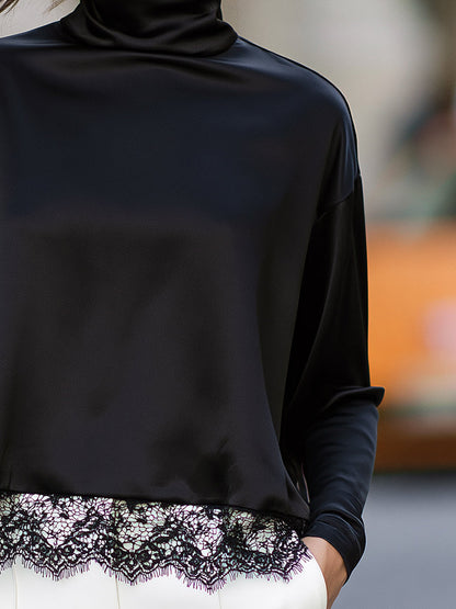 Lace-Trimmed Turtleneck Relaxed Blouse