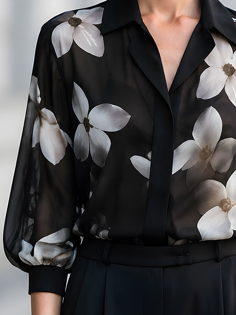 Elegant Black Sheer Floral Print Chiffon Blouse