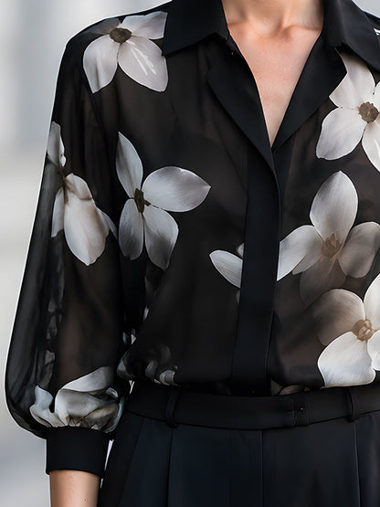 Elegant Black Sheer Floral Print Chiffon Blouse