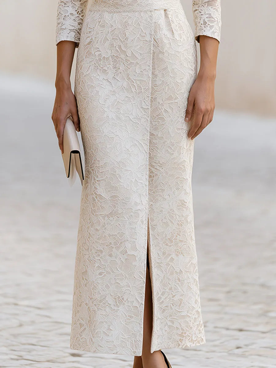 Ivory Lace Wrap-Collar Maxi Dress(Paired with a lace belt)