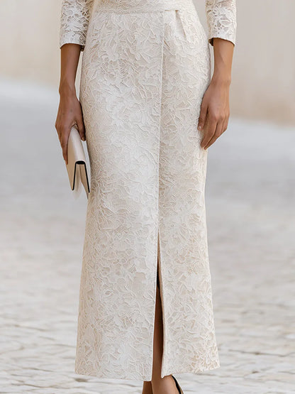 Ivory Lace Wrap-Collar Maxi Dress(Paired with a lace belt)