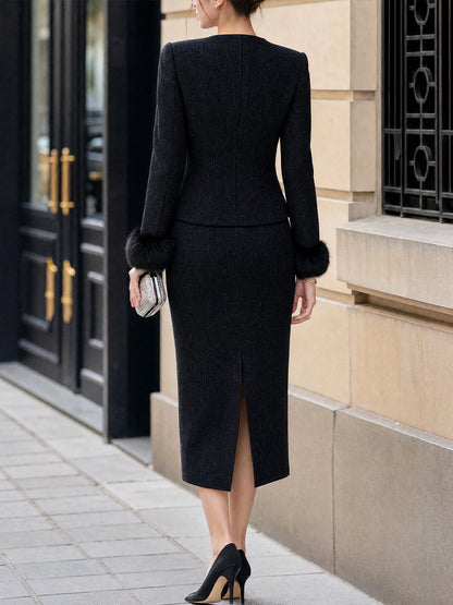 Faux Fur Trim Tweed Crop Jacket & Pencil Skirt Set