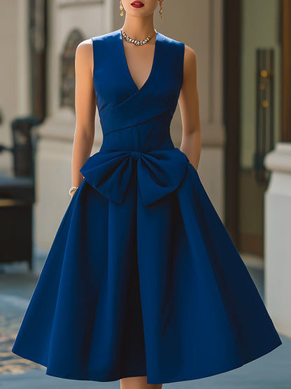 Elegant Bow Waist Sleeveless A-Line Midi Dress