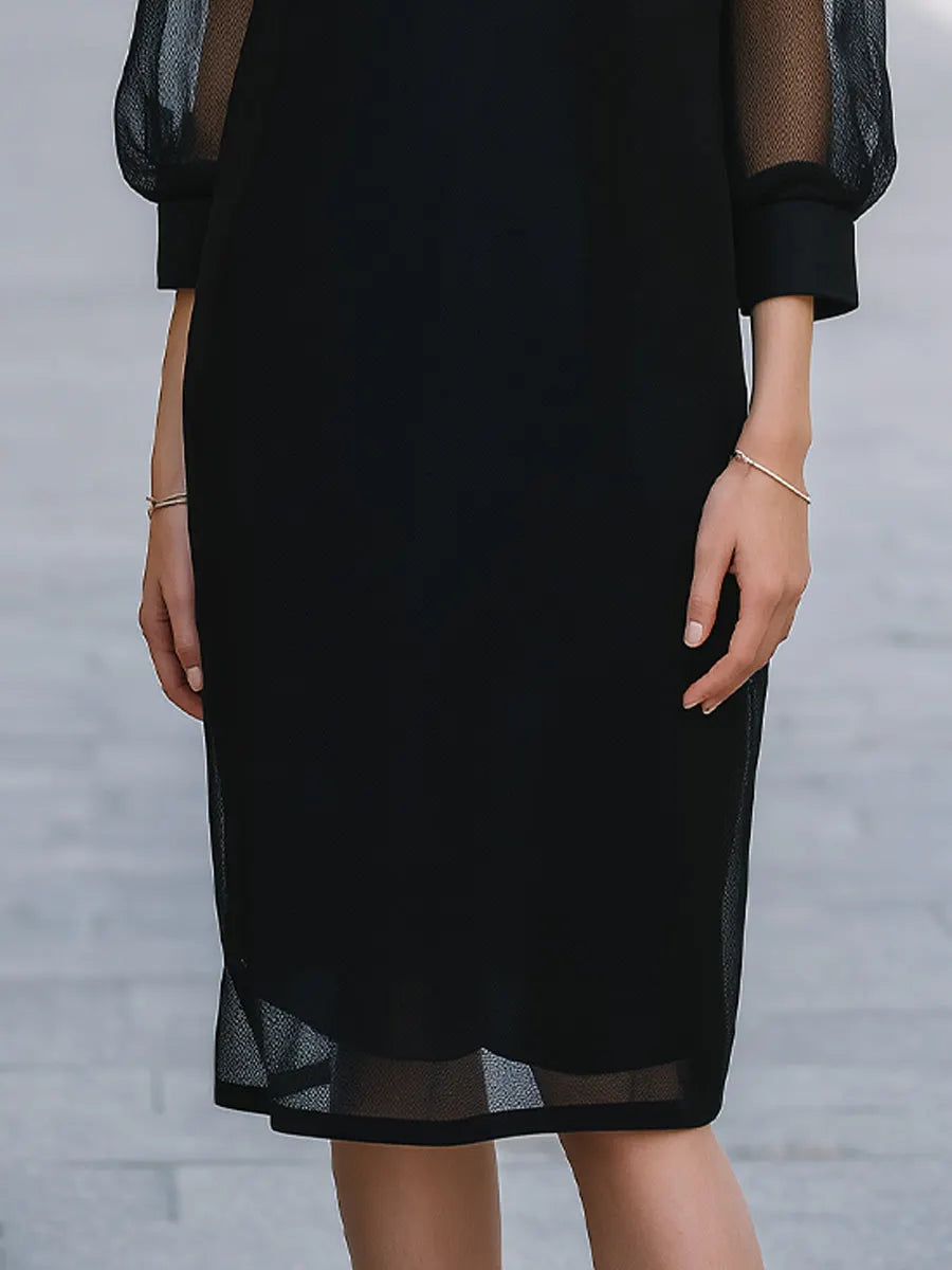 Mesh Puff Sleeve Crew Neck Shift Midi Dress
