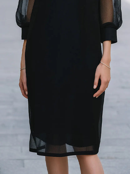Mesh Puff Sleeve Crew Neck Shift Midi Dress