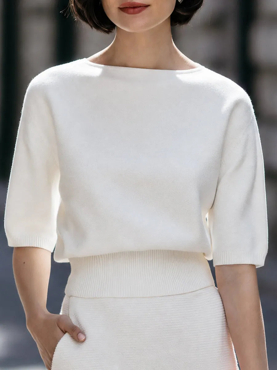 Boat Neck Ribbed Waist Knit Top
