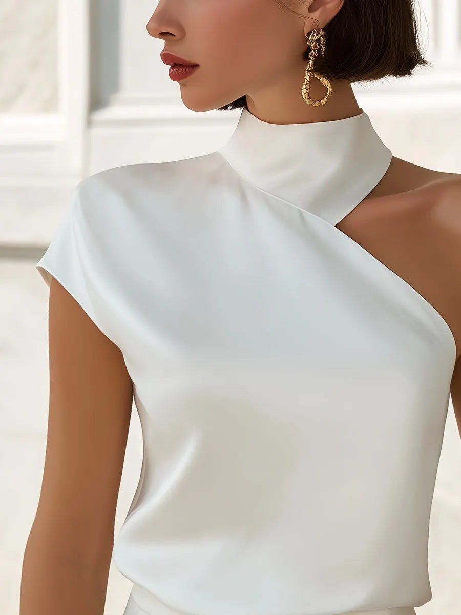 Asymmetrical High-Neck One-Shoulder Satin Blouse