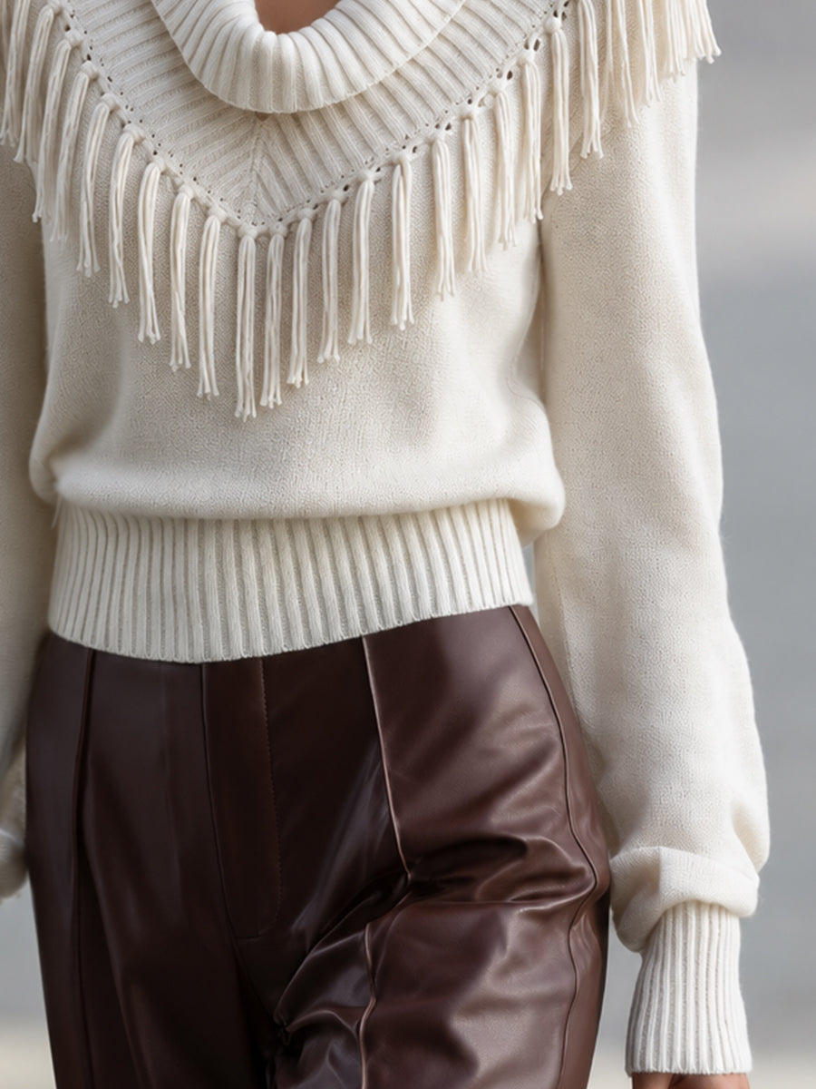 Fringe-Trim Cowl Neck Knit Sweater