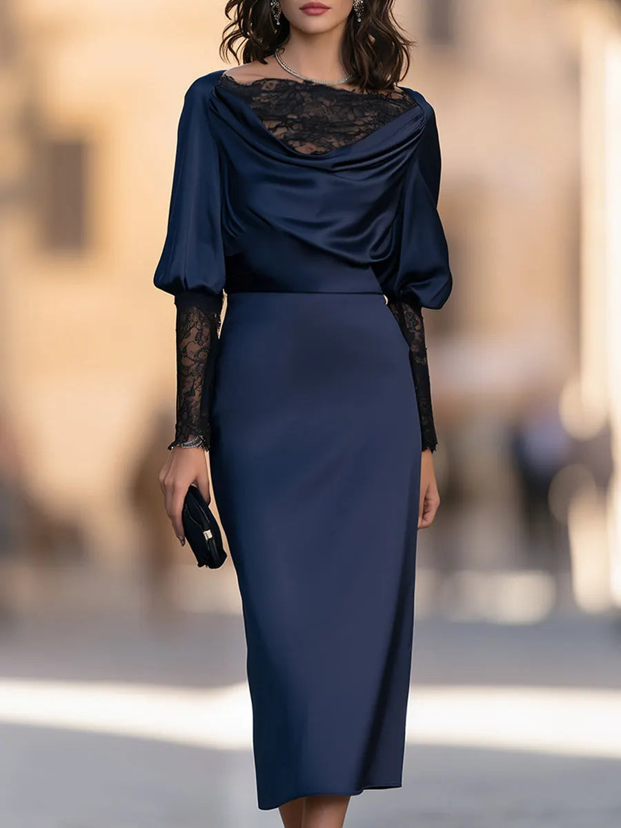 Elegant Draped Satin Cowl Neck Midi Dress