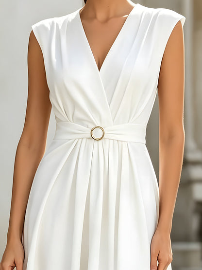 Elegant V-Neck Pleated Waist Belted A-Line Midi Dress