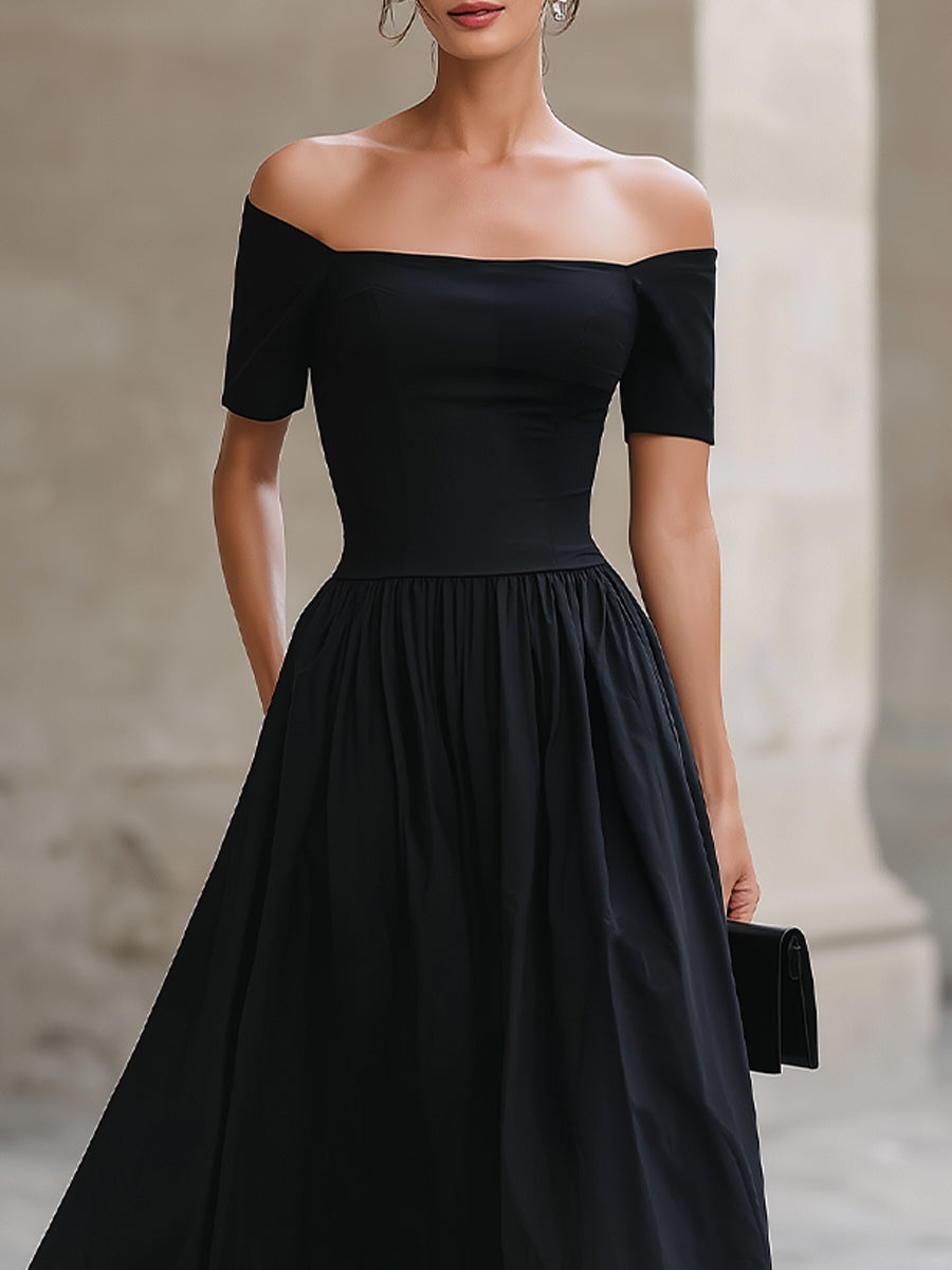 Black Off-the-Shoulder Short-Sleeve Fit-and-Flare Maxi Dress