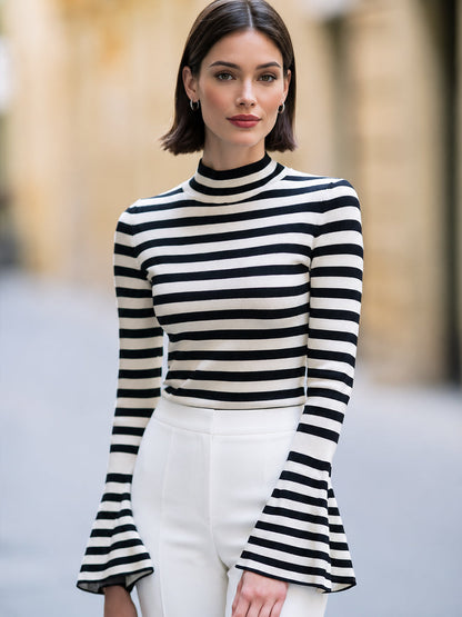 Striped Mock-Neck Bell-Sleeve Knit Top