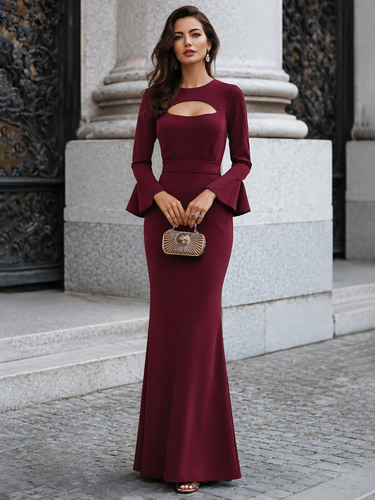 Vestido Longo Sereia com Recortes e Mangas Largas