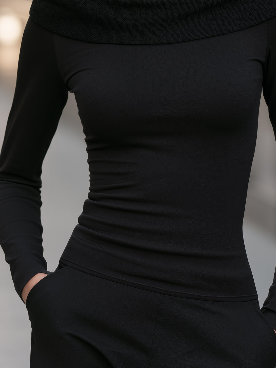 Mesh Insert Fold-Over Neck Long Sleeve Top