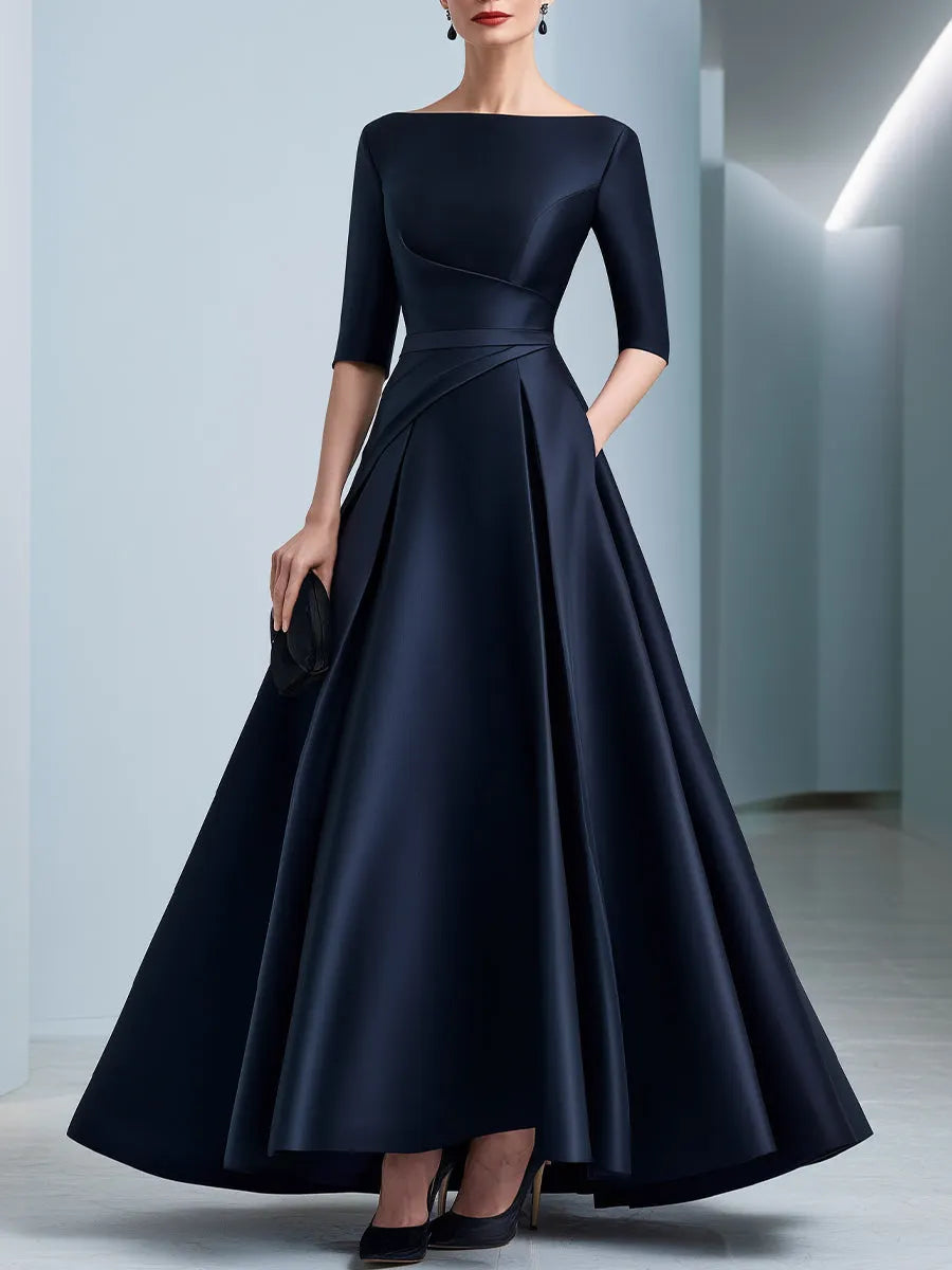 Draped Waist Bateau Neck Satin A-Line Evening Gown