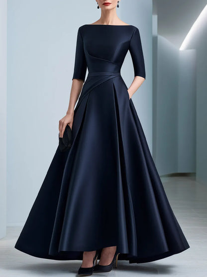 Draped Waist Bateau Neck Satin A-Line Evening Gown