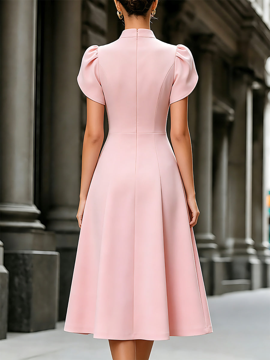 Stand-Collar Petal-Sleeve A-Line Midi Dress