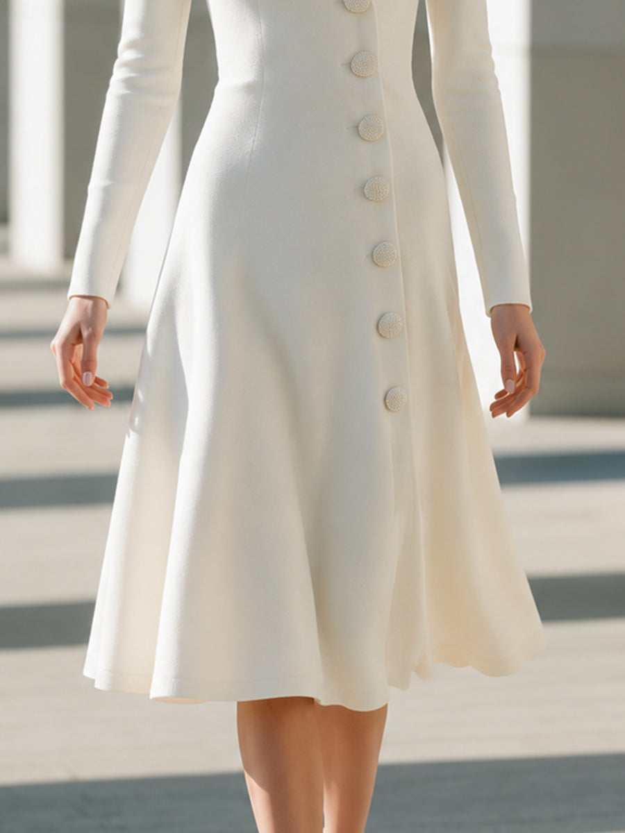 Shawl-Collar Button-Front A-Line Midi Dress