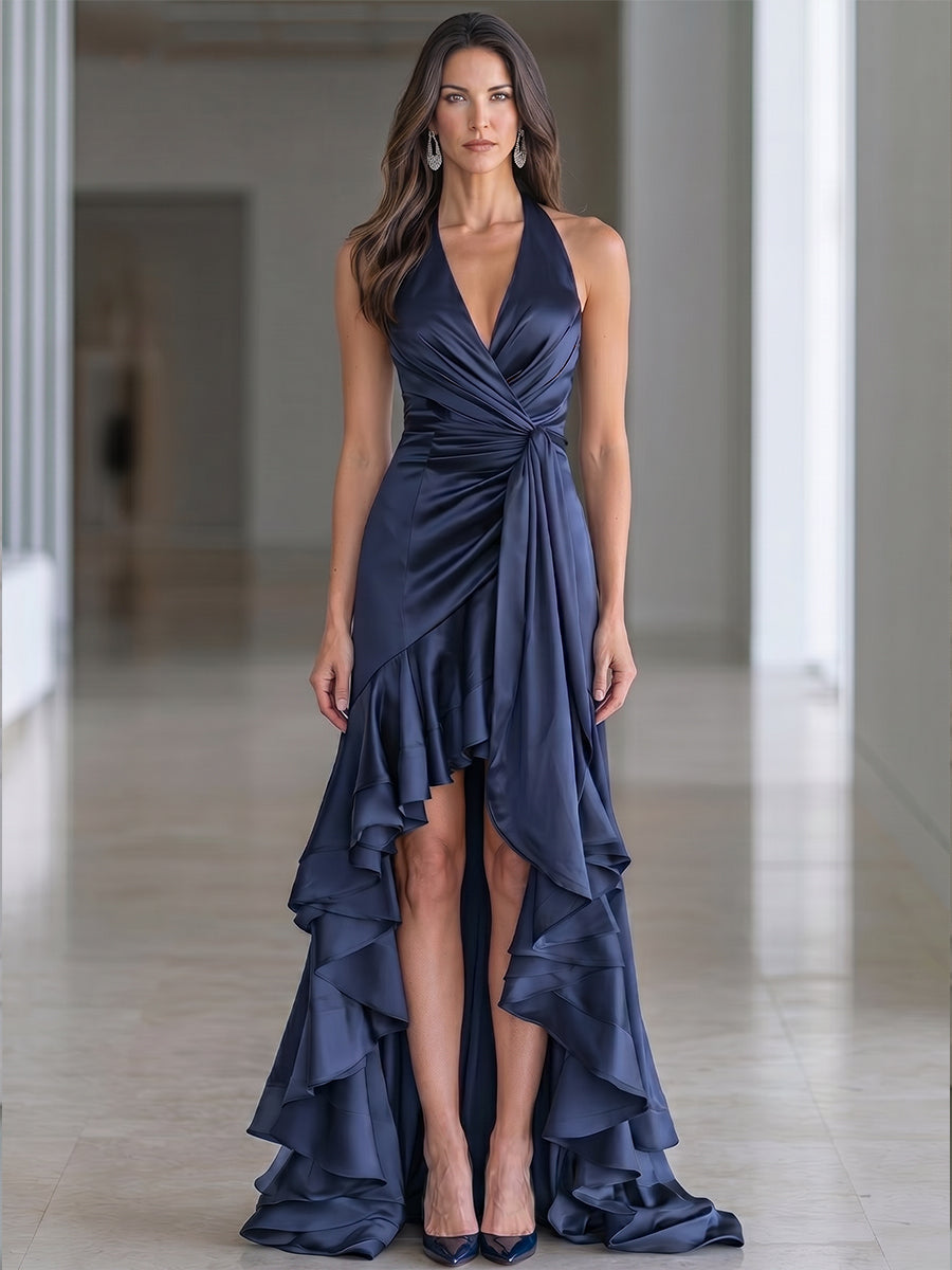 Halter Neck Ruched Satin High-Low Ruffle Gown