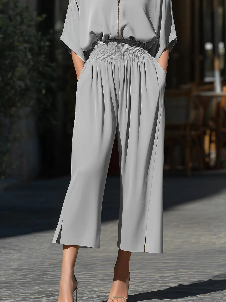 Zip-Front Relaxed Blouse And Wide-Leg Pants Set