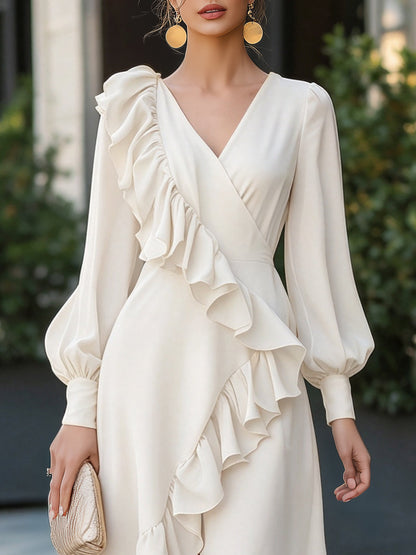 Elegant Ruffle-Trim Asymmetric High-Low Midi Dress