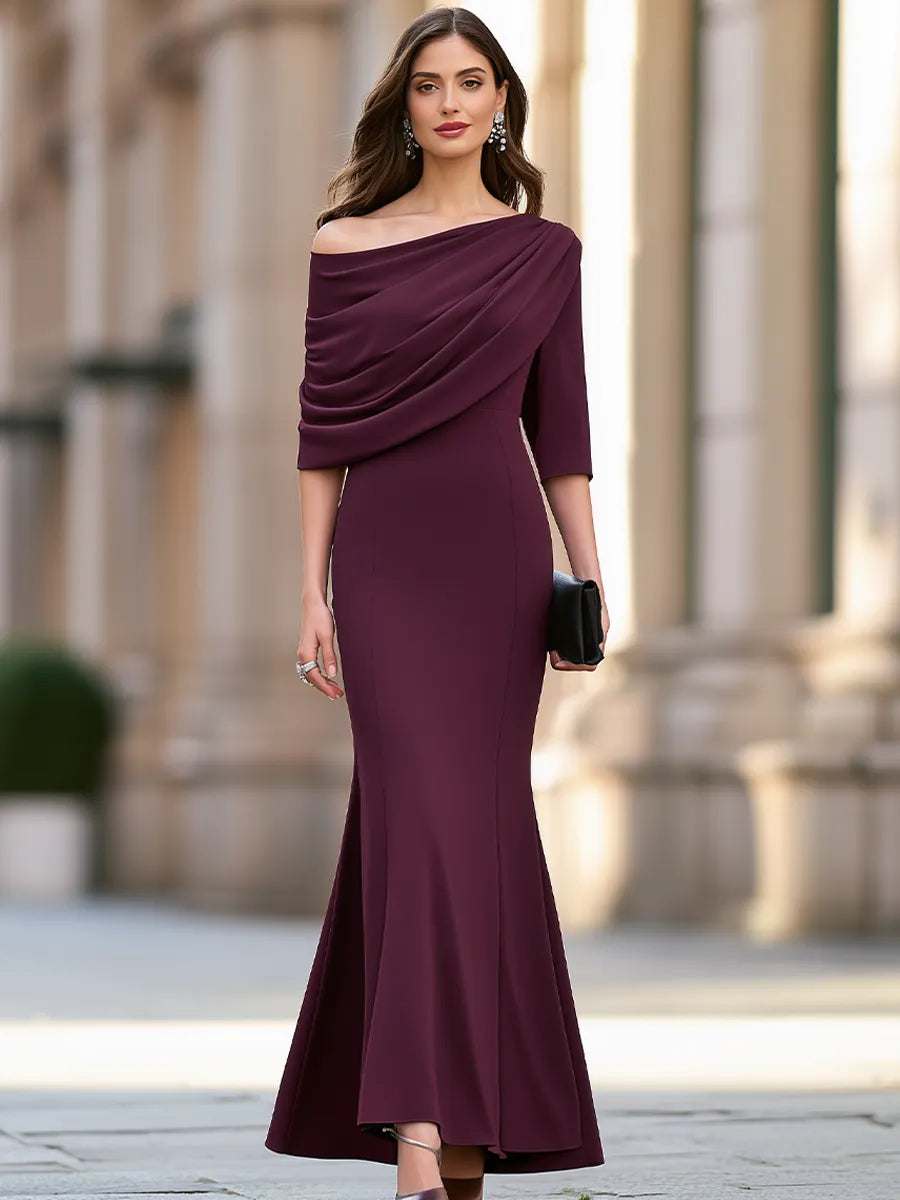 Elegant Draped Asymmetric Off-Shoulder Mermaid Evening Maxi Dress