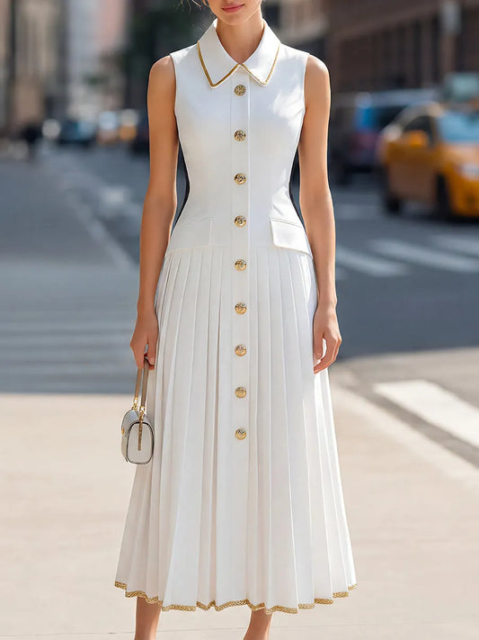 Gold-Trim Button-Front Pleated Midi Dress