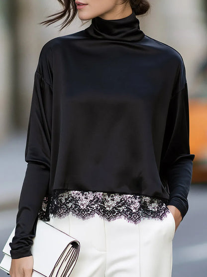 Lace-Trimmed Turtleneck Relaxed Blouse