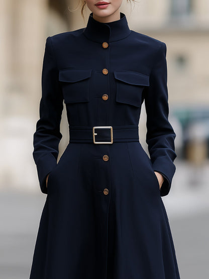 Utility-Inspired Belted Mock-Neck Maxi Dress
