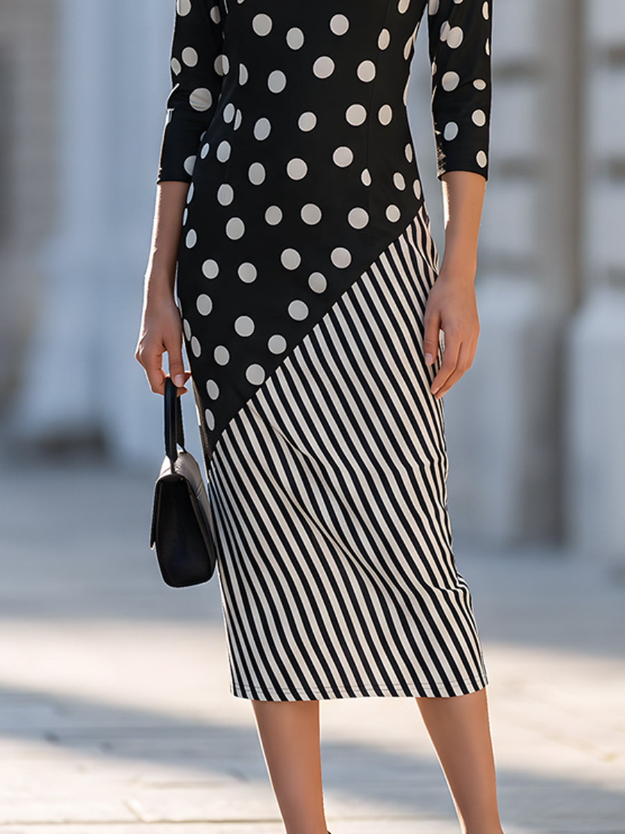 Mixed-Print Asymmetrical Midi Dress