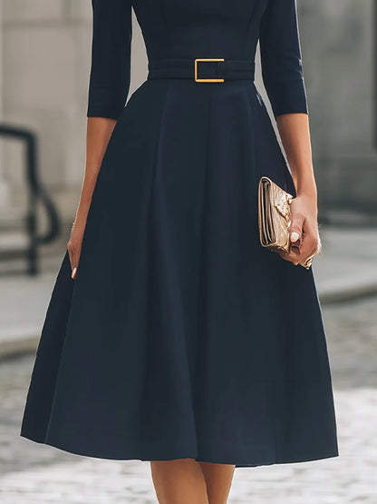 Belted Boat Neck A-Line Midi Dress
