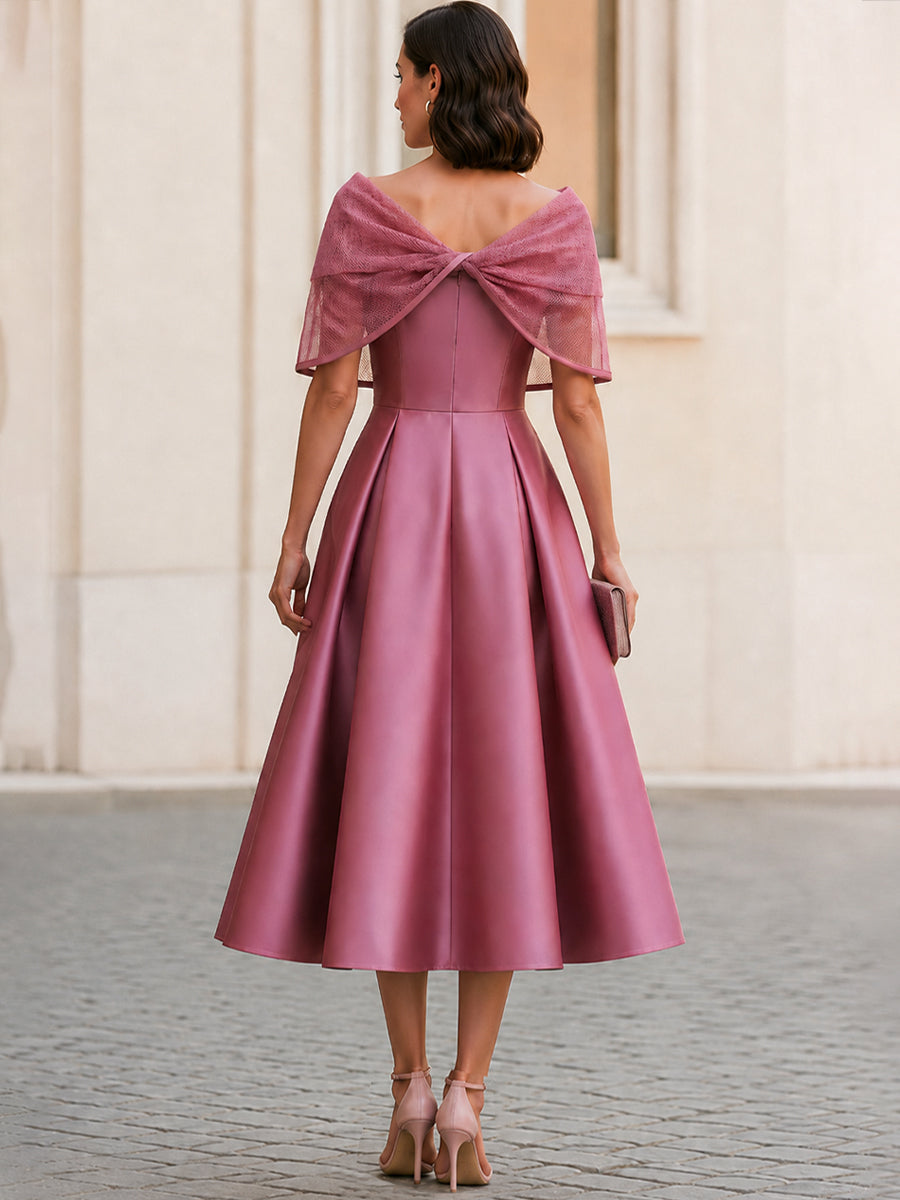 Mesh Cape Off-Shoulder A-Line Midi Dress