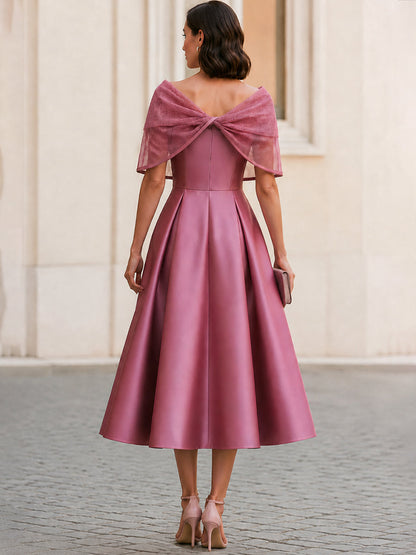 Mesh Cape Off-Shoulder A-Line Midi Dress