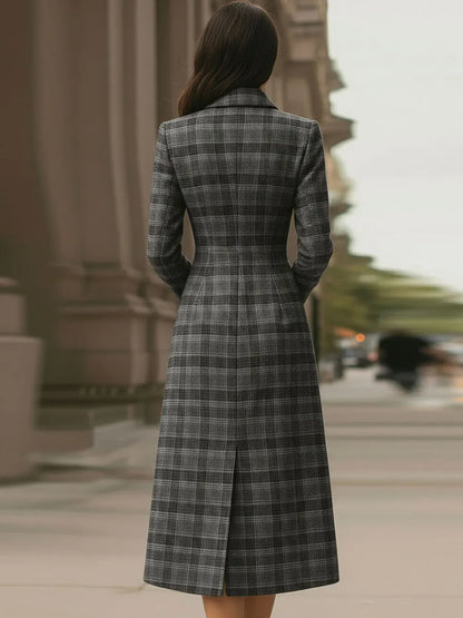 Elegant Plaid Asymmetric Button - Front Midi Dress