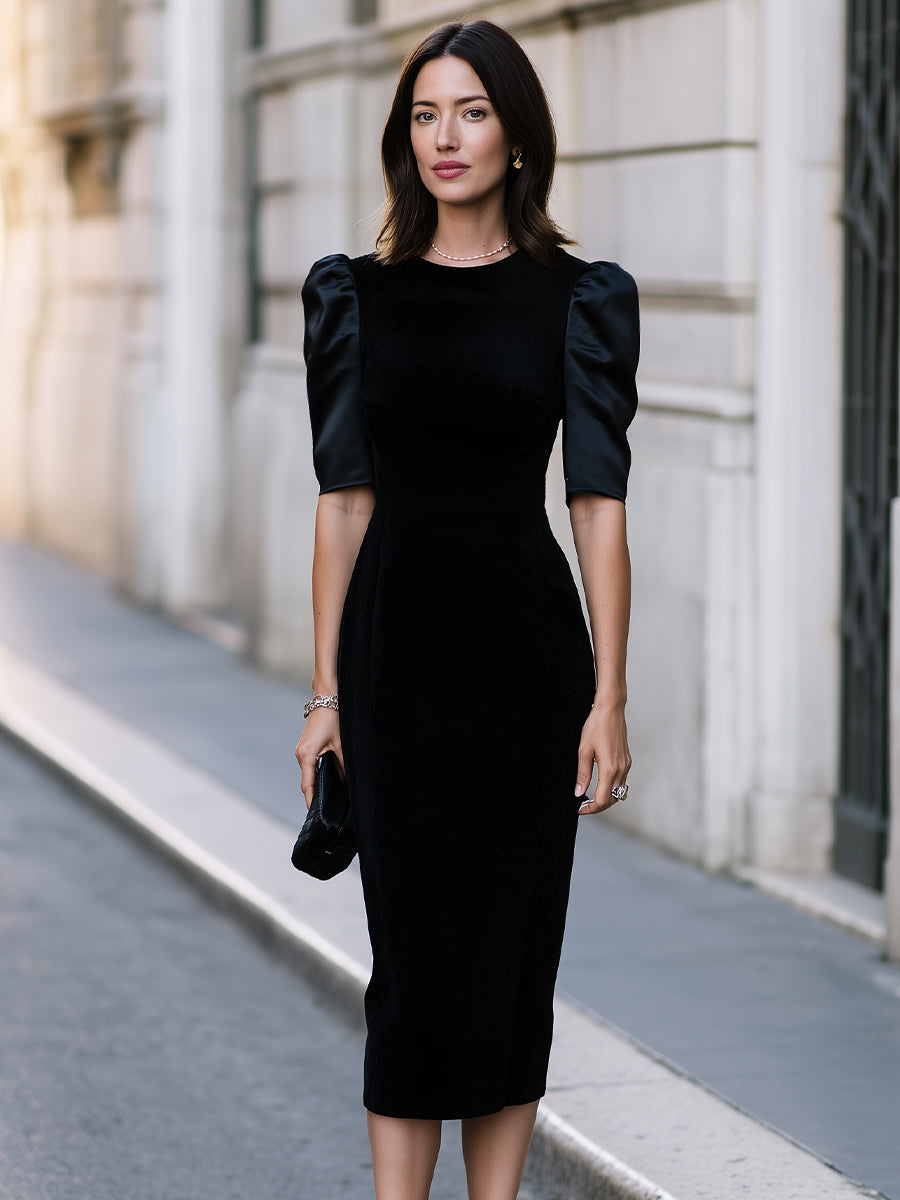 Puff Sleeve Sculpted Sheath Midi Dress