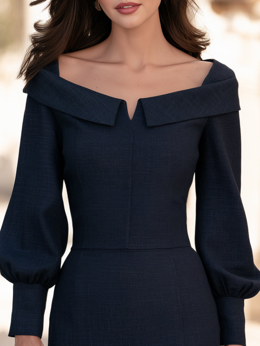 Wide Folded Neckline Bishop Sleeve Midi Dress