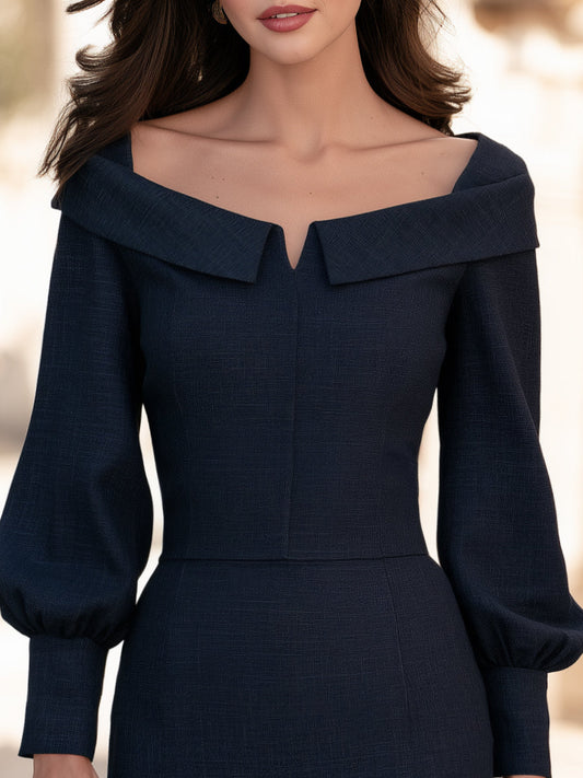Wide Folded Neckline Bishop Sleeve Midi Dress