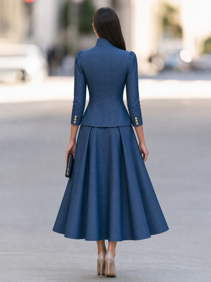 Elegant Stand Collar Ruffled Blazer Jacket And A-Line Skirt Set