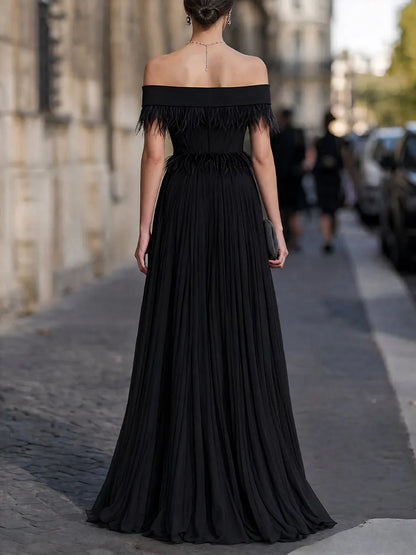 Off-Shoulder Feather-Trimmed Pleated Maxi Gown