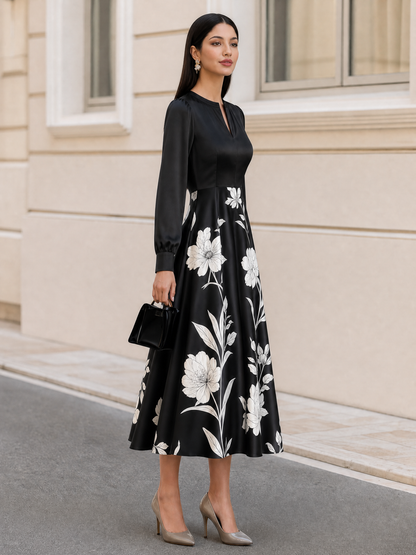 Floral Print Notched Neck Long Sleeve A-Line Midi Dress