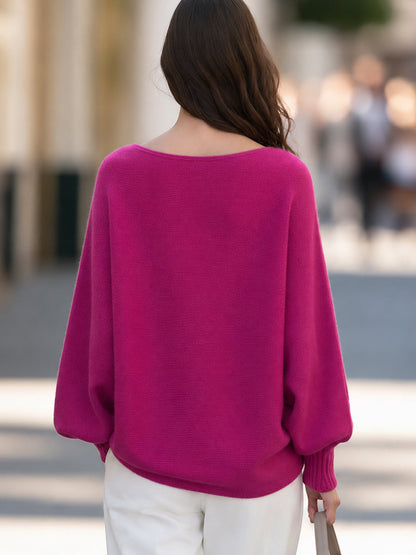 Relaxed Boat Neck Batwing Knit Sweater